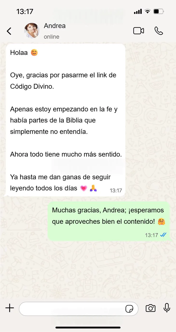 Testimonio de WhatsApp de Andrea sobre Código Divino