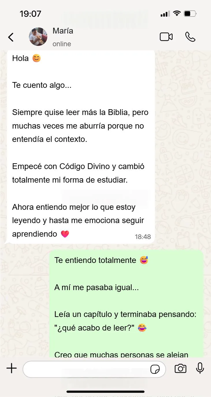 Testimonio de WhatsApp de María sobre Código Divino
